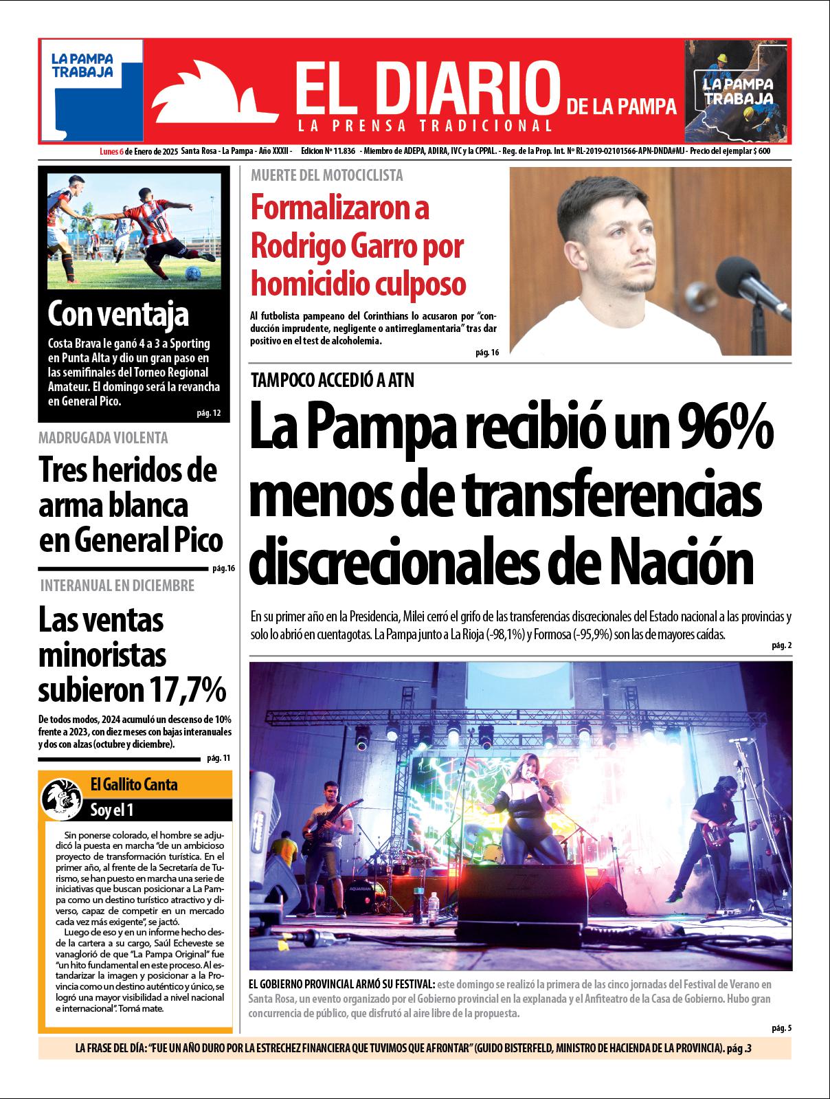 Tapa de El Diario en papel  lunes 06 de enero de 2025